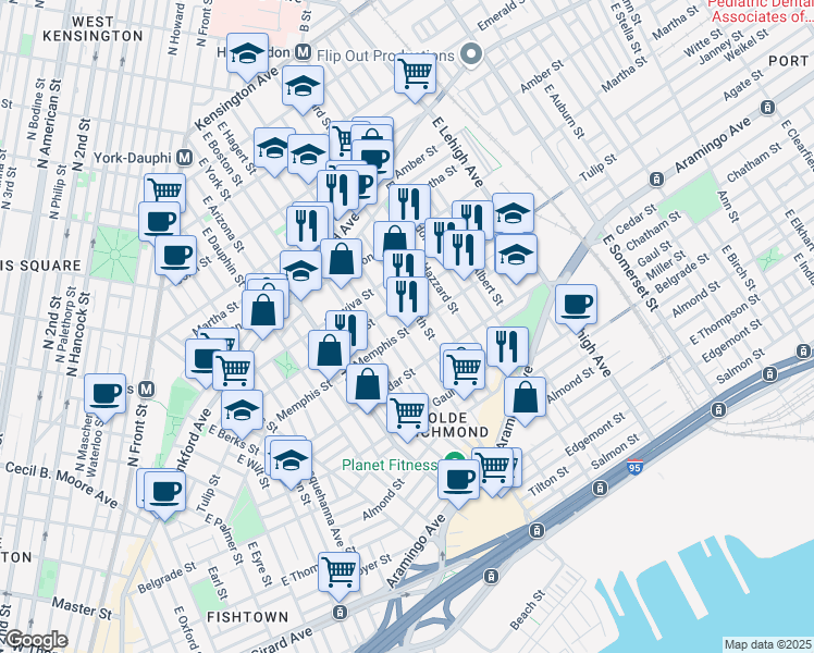 map of restaurants, bars, coffee shops, grocery stores, and more near 2315 East Cumberland Street in Philadelphia