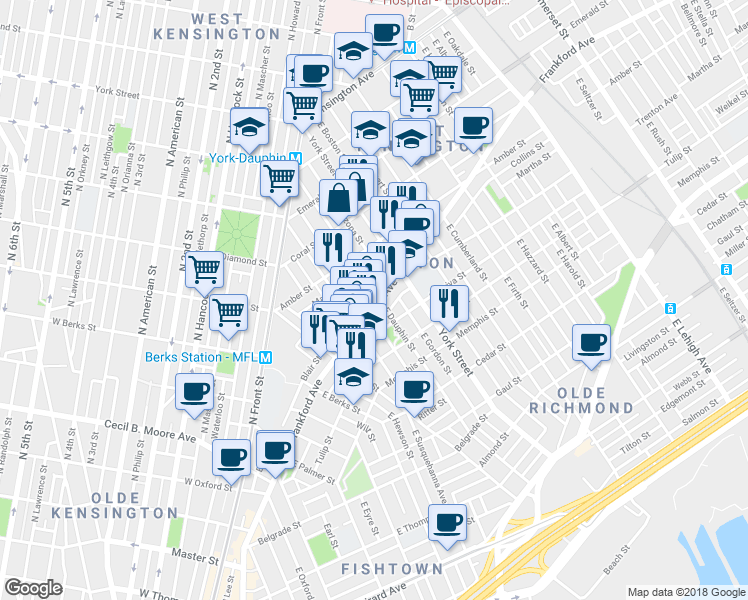 map of restaurants, bars, coffee shops, grocery stores, and more near 2134 East Dauphin Street in Philadelphia