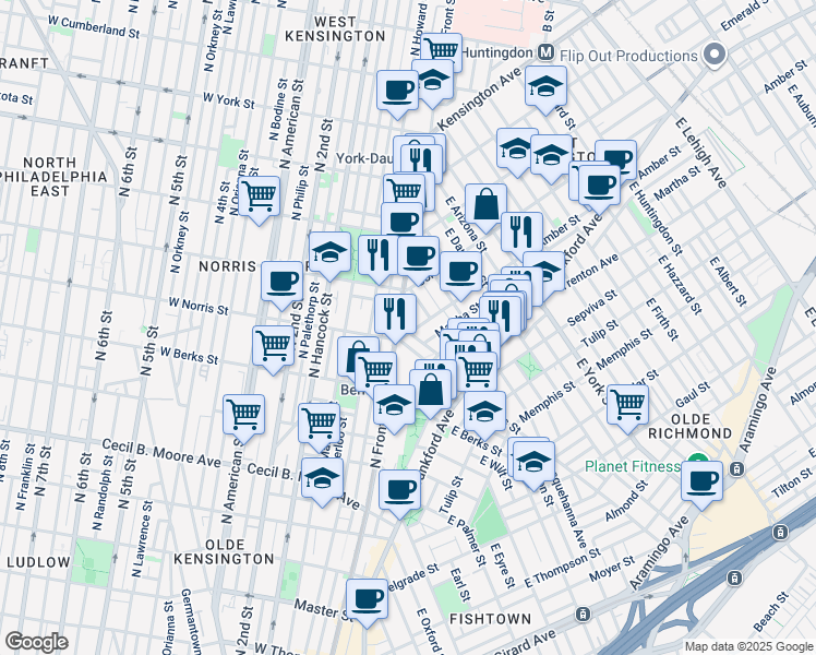 map of restaurants, bars, coffee shops, grocery stores, and more near 2032 Dreer Street in Philadelphia