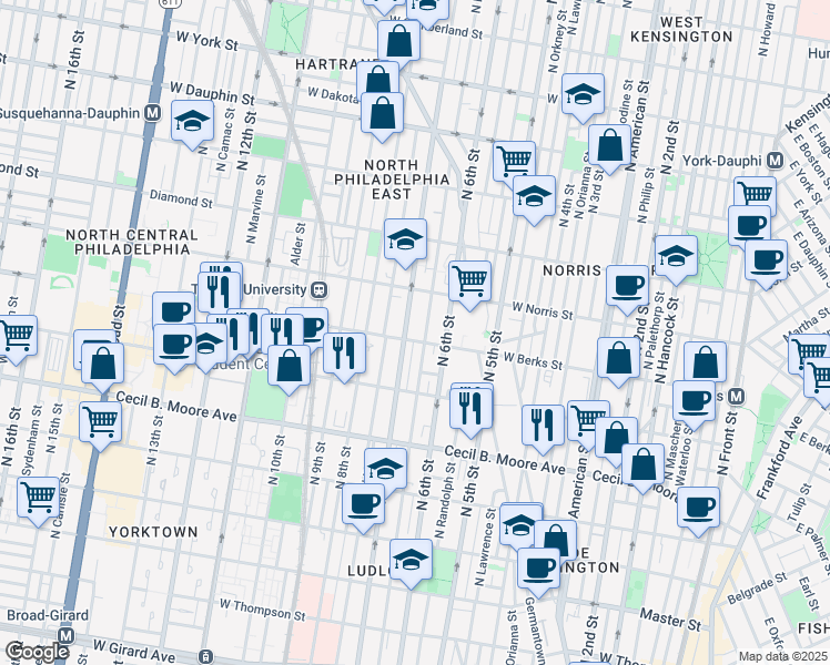 map of restaurants, bars, coffee shops, grocery stores, and more near 1930 North Marshall Street in Philadelphia