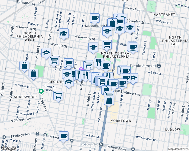 map of restaurants, bars, coffee shops, grocery stores, and more near 1813 North 16th Street in Philadelphia