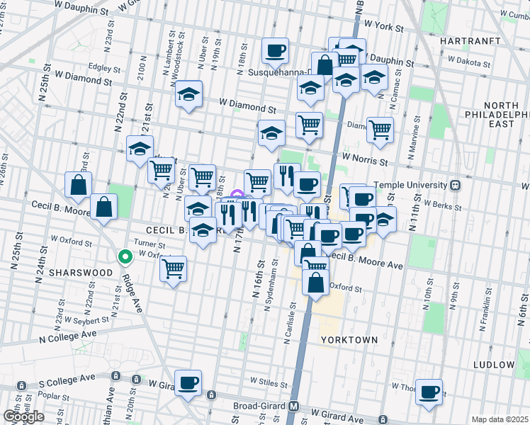 map of restaurants, bars, coffee shops, grocery stores, and more near 1813 North 16th Street in Philadelphia