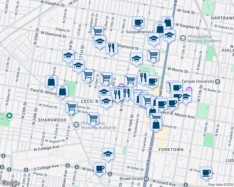 map of restaurants, bars, coffee shops, grocery stores, and more near 1731 West Montgomery Avenue in Philadelphia