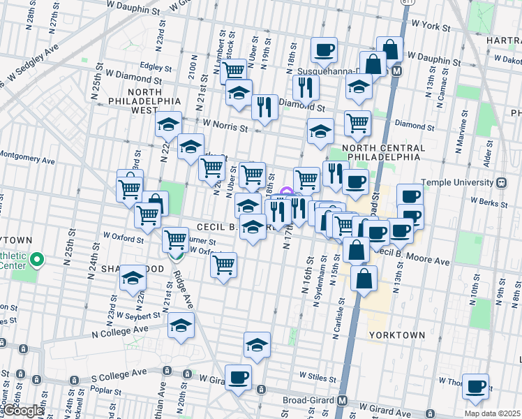 map of restaurants, bars, coffee shops, grocery stores, and more near 1830 West Montgomery Avenue in Philadelphia