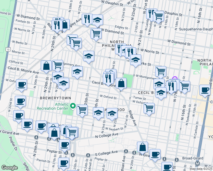 map of restaurants, bars, coffee shops, grocery stores, and more near 2301 Ridge Avenue in Philadelphia