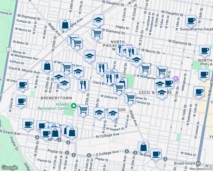 map of restaurants, bars, coffee shops, grocery stores, and more near 2301 Ridge Avenue in Philadelphia