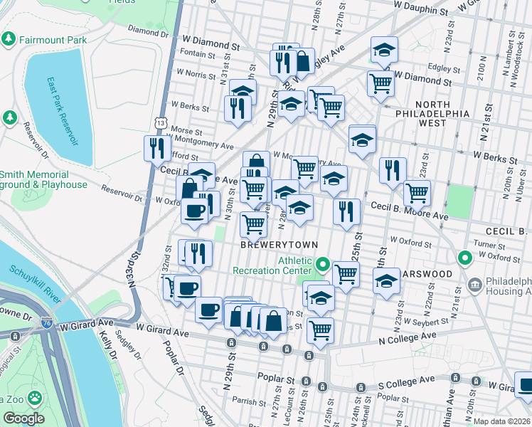 map of restaurants, bars, coffee shops, grocery stores, and more near in Philadelphia