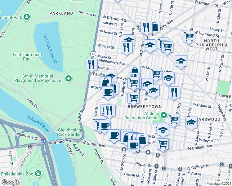 map of restaurants, bars, coffee shops, grocery stores, and more near 3028 West Oxford Street in Philadelphia