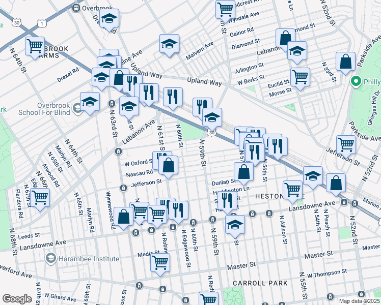 map of restaurants, bars, coffee shops, grocery stores, and more near 5927 West Oxford Street in Philadelphia
