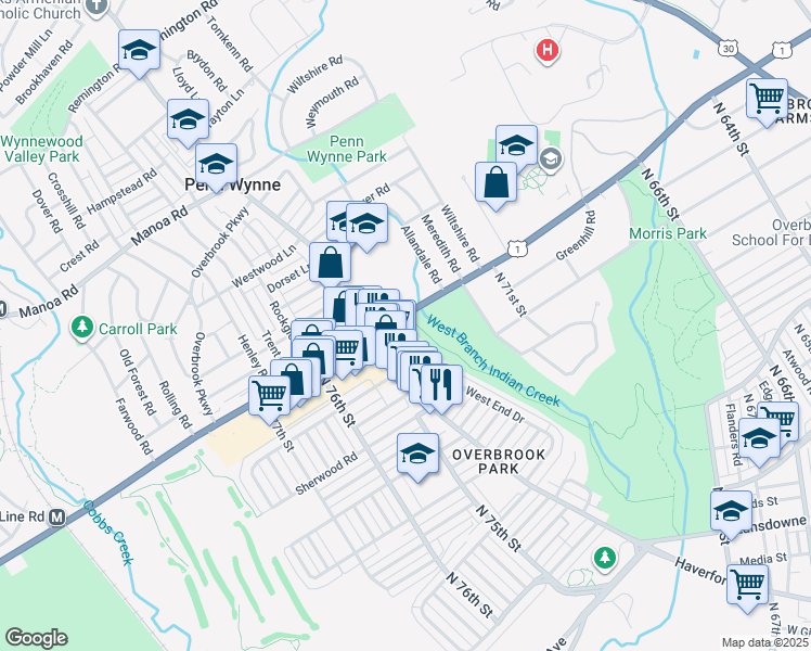 map of restaurants, bars, coffee shops, grocery stores, and more near 7250-7310 City Avenue in Penn Wynne