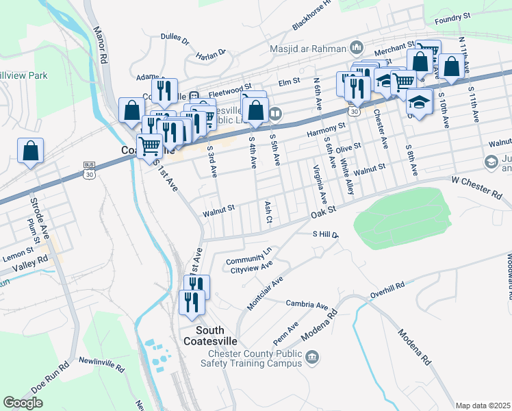 map of restaurants, bars, coffee shops, grocery stores, and more near 358 Walnut Street in Coatesville