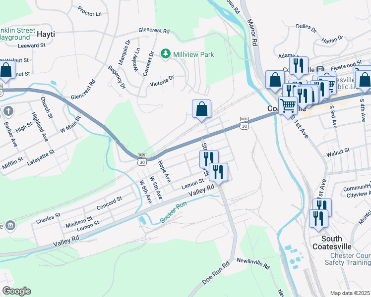 map of restaurants, bars, coffee shops, grocery stores, and more near 355 West Lincoln Highway in Coatesville