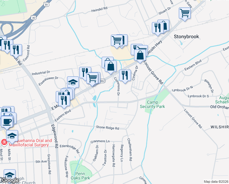 map of restaurants, bars, coffee shops, grocery stores, and more near 50 Commons Drive in York