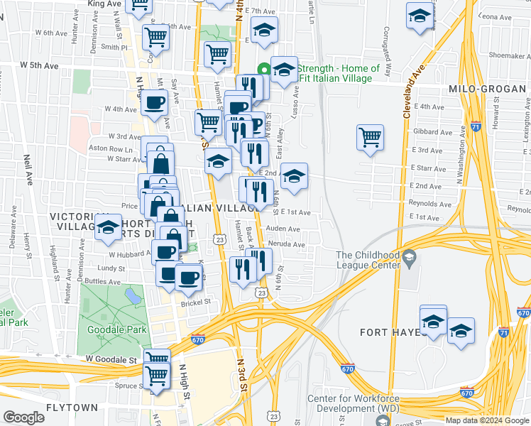 map of restaurants, bars, coffee shops, grocery stores, and more near 224 East 1st Avenue in Columbus