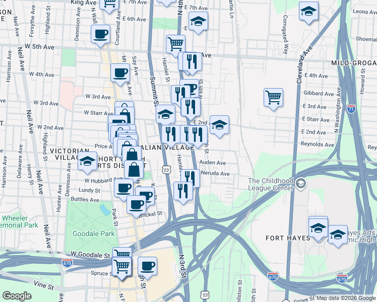 map of restaurants, bars, coffee shops, grocery stores, and more near 224 East 1st Avenue in Columbus