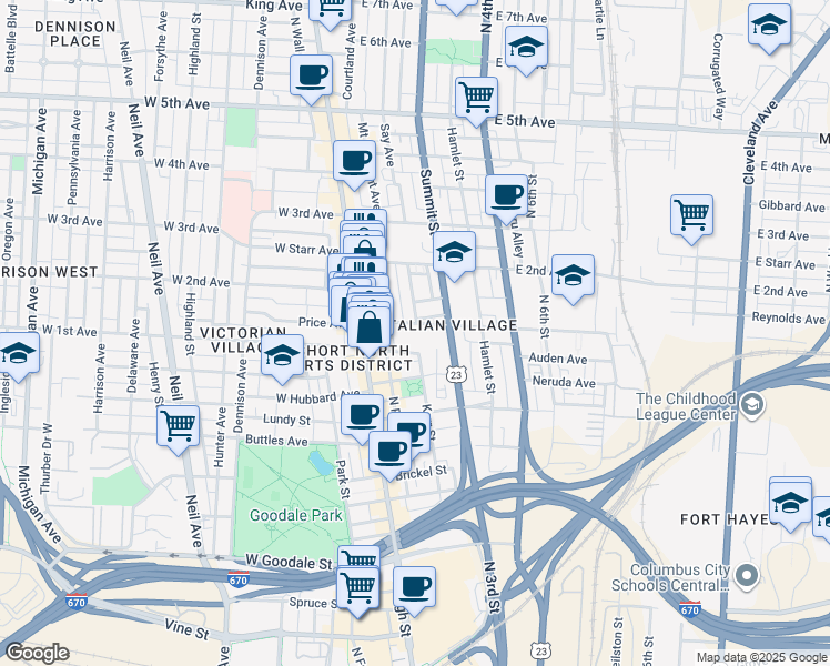map of restaurants, bars, coffee shops, grocery stores, and more near 92 East 1st Avenue in Columbus