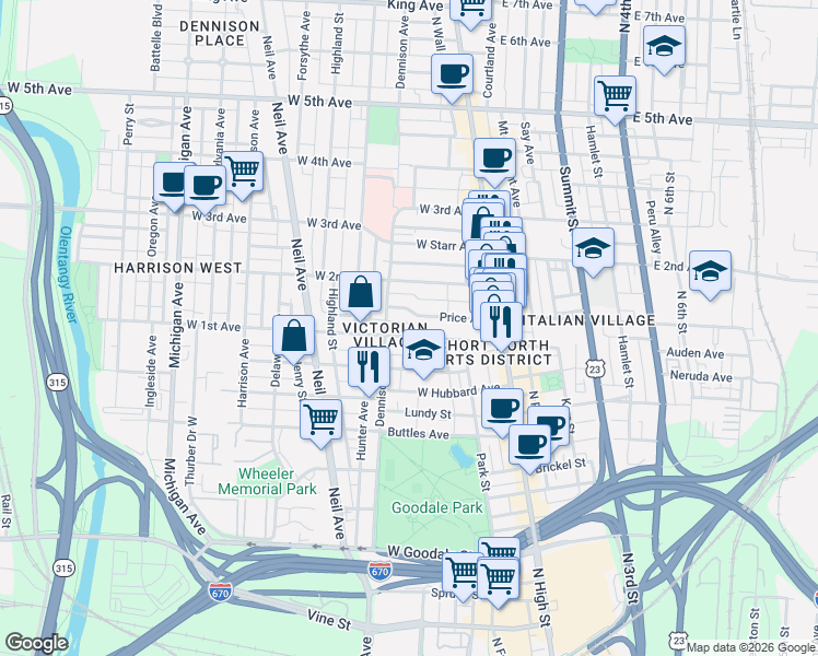 map of restaurants, bars, coffee shops, grocery stores, and more near 147 Price Avenue in Columbus
