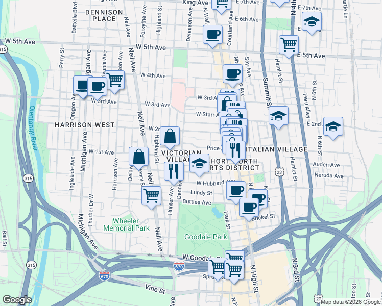 map of restaurants, bars, coffee shops, grocery stores, and more near 147 Price Avenue in Columbus