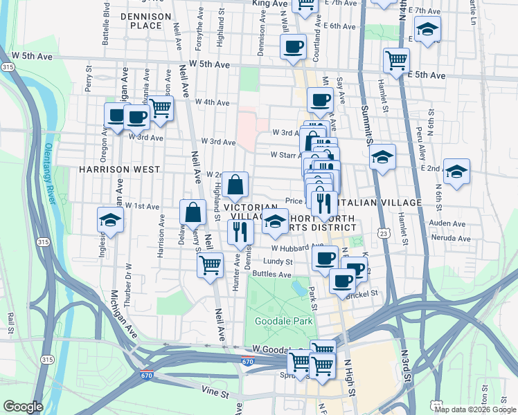 map of restaurants, bars, coffee shops, grocery stores, and more near 147 Price Avenue in Columbus
