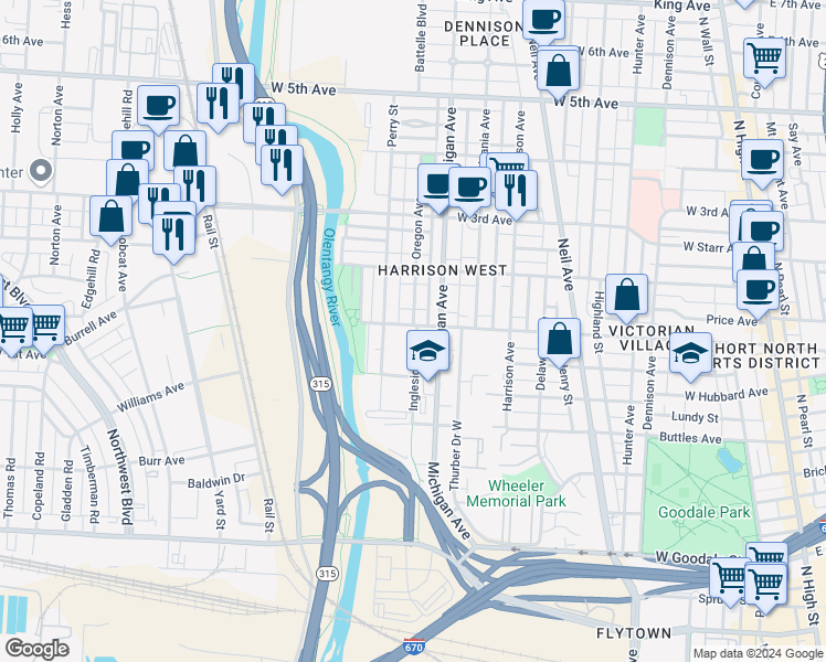 map of restaurants, bars, coffee shops, grocery stores, and more near 983 Michigan Avenue in Columbus