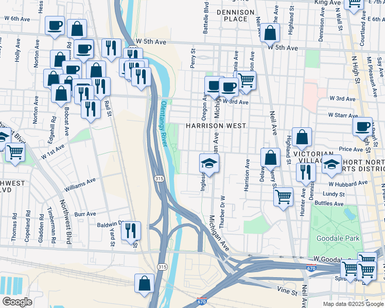 map of restaurants, bars, coffee shops, grocery stores, and more near 990 Perry Street in Columbus