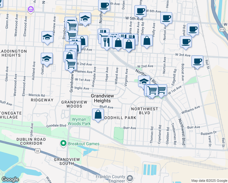 map of restaurants, bars, coffee shops, grocery stores, and more near 1108 Willard Avenue in Grandview Heights