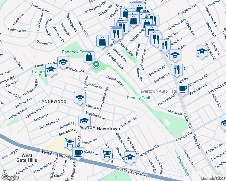 map of restaurants, bars, coffee shops, grocery stores, and more near 417 Achille Road in Havertown