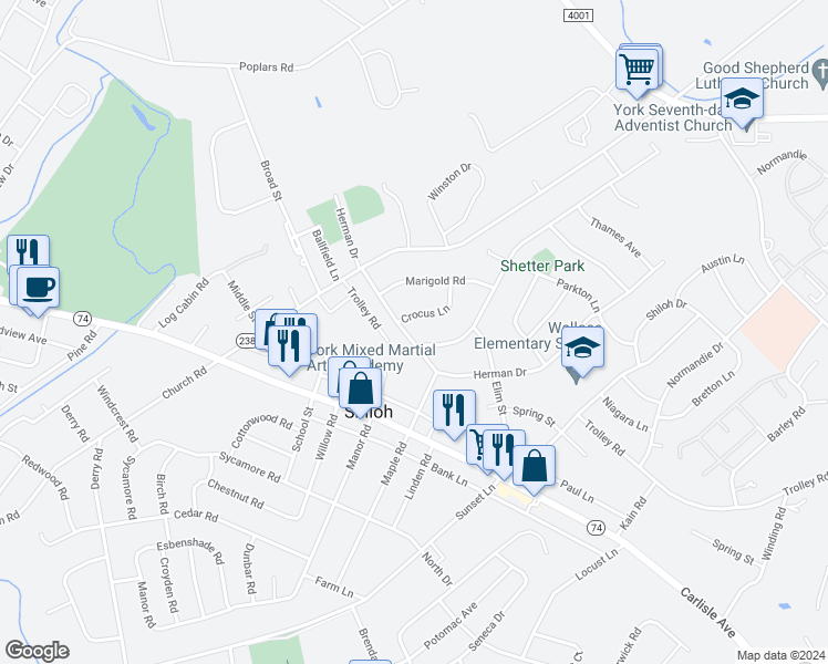 map of restaurants, bars, coffee shops, grocery stores, and more near 2175 Herman Drive in York