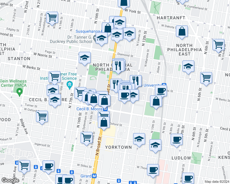 map of restaurants, bars, coffee shops, grocery stores, and more near 1810 Liacouras Walk in Philadelphia