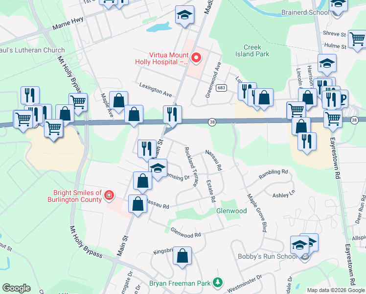 map of restaurants, bars, coffee shops, grocery stores, and more near 15 Rockland Terrace in Lumberton
