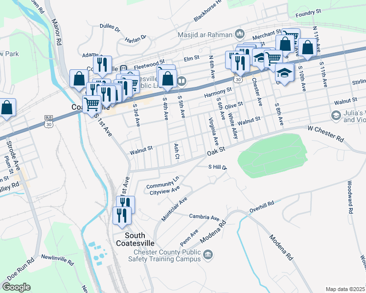 map of restaurants, bars, coffee shops, grocery stores, and more near 121 Thompson Place in Coatesville