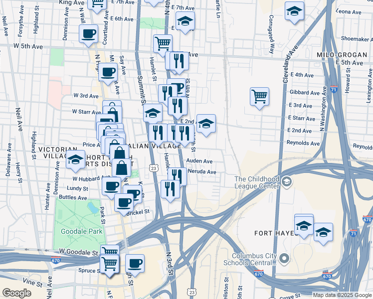 map of restaurants, bars, coffee shops, grocery stores, and more near 233 East 1st Avenue in Columbus