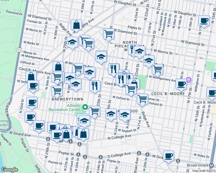 map of restaurants, bars, coffee shops, grocery stores, and more near 2419 Nicholas Street in Philadelphia