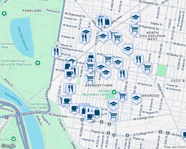 map of restaurants, bars, coffee shops, grocery stores, and more near 2835 West Oxford Street in Philadelphia