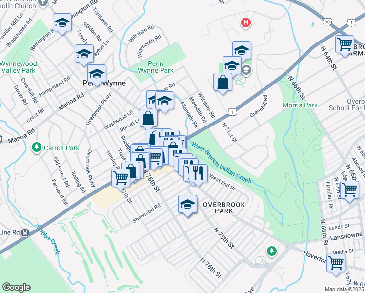 map of restaurants, bars, coffee shops, grocery stores, and more near 7250-7310 City Avenue in Penn Wynne