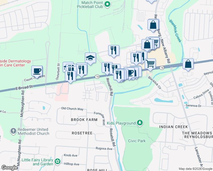 map of restaurants, bars, coffee shops, grocery stores, and more near 6514 Rosemeadows Drive in Reynoldsburg