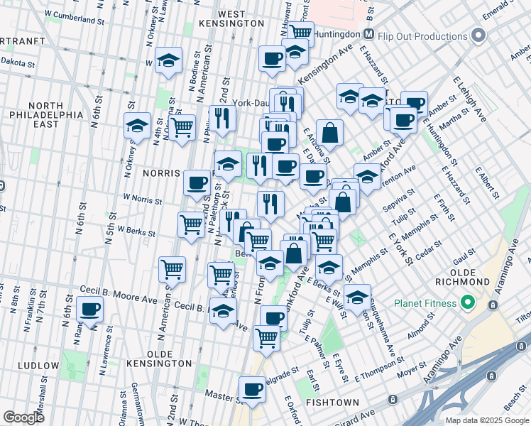 map of restaurants, bars, coffee shops, grocery stores, and more near 2023 North Hope Street in Philadelphia