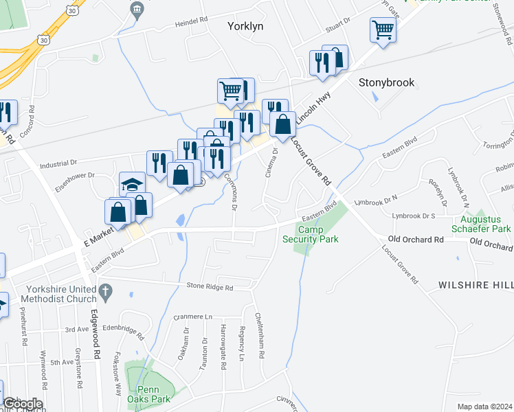 map of restaurants, bars, coffee shops, grocery stores, and more near 95 Theater Lane in York