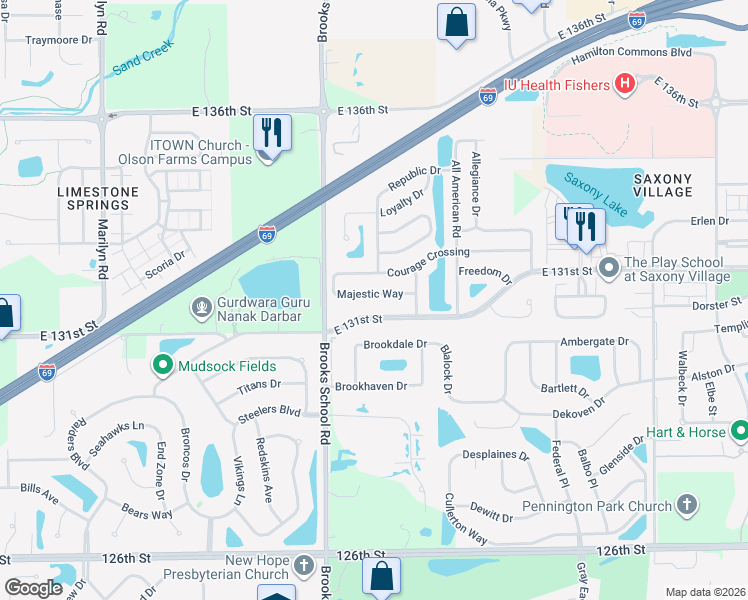 map of restaurants, bars, coffee shops, grocery stores, and more near 12564 Majestic Way in Fishers