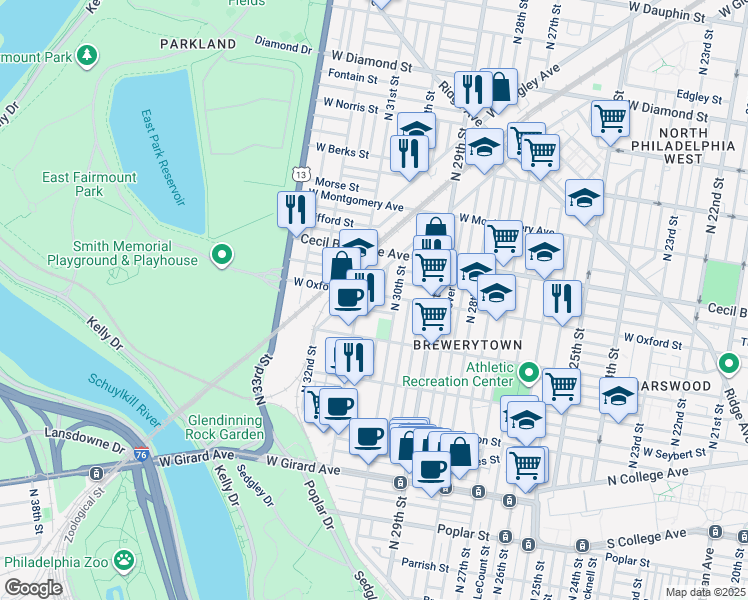map of restaurants, bars, coffee shops, grocery stores, and more near 3032 West Oxford Street in Philadelphia
