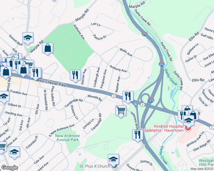 map of restaurants, bars, coffee shops, grocery stores, and more near 24 North New Ardmore Avenue in Broomall