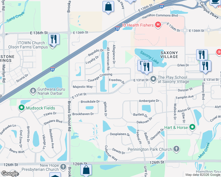 map of restaurants, bars, coffee shops, grocery stores, and more near 13181 All American Road in Fishers
