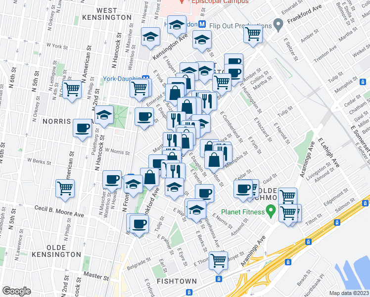map of restaurants, bars, coffee shops, grocery stores, and more near 2238 Frankford Avenue in Philadelphia