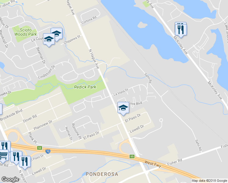 map of restaurants, bars, coffee shops, grocery stores, and more near 2976 La Vista Drive in Columbus