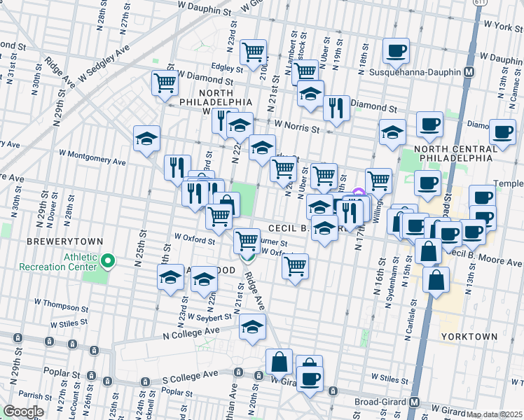 map of restaurants, bars, coffee shops, grocery stores, and more near 1714 North Woodstock Street in Philadelphia
