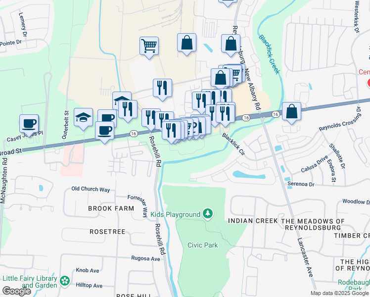 map of restaurants, bars, coffee shops, grocery stores, and more near 6843 East Broad Street in Columbus