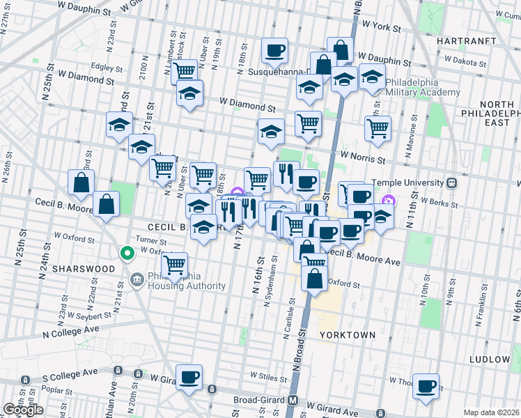 map of restaurants, bars, coffee shops, grocery stores, and more near 1725 West Montgomery Avenue in Philadelphia