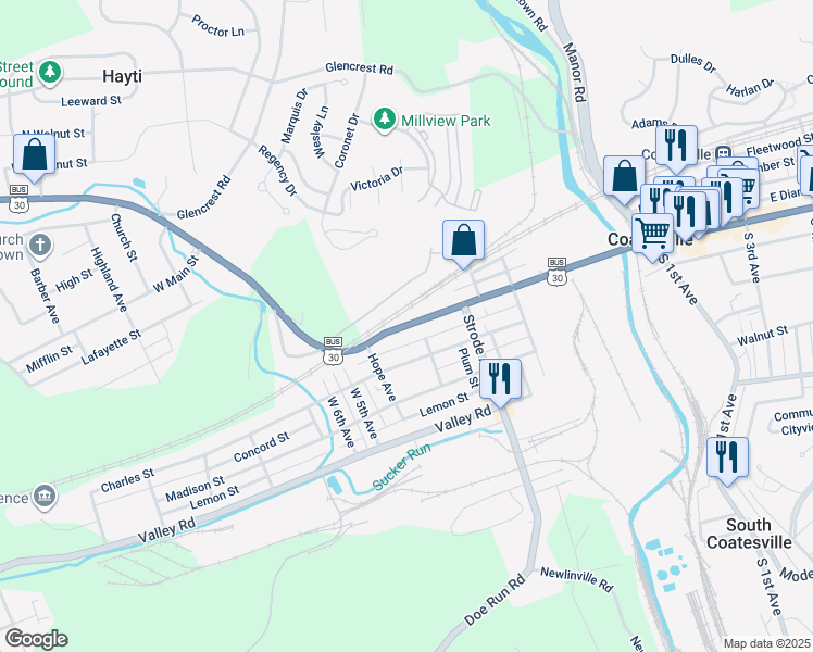 map of restaurants, bars, coffee shops, grocery stores, and more near 414 Lincoln Highway in Coatesville