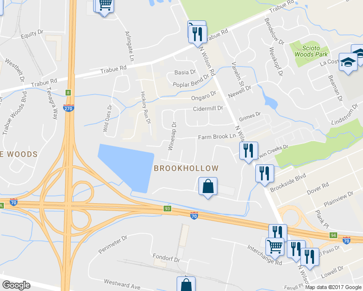 map of restaurants, bars, coffee shops, grocery stores, and more near 1301 Deer Lake Court in Columbus