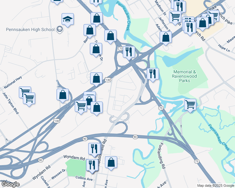 map of restaurants, bars, coffee shops, grocery stores, and more near 5 Kohlmyer Drive in Pennsauken